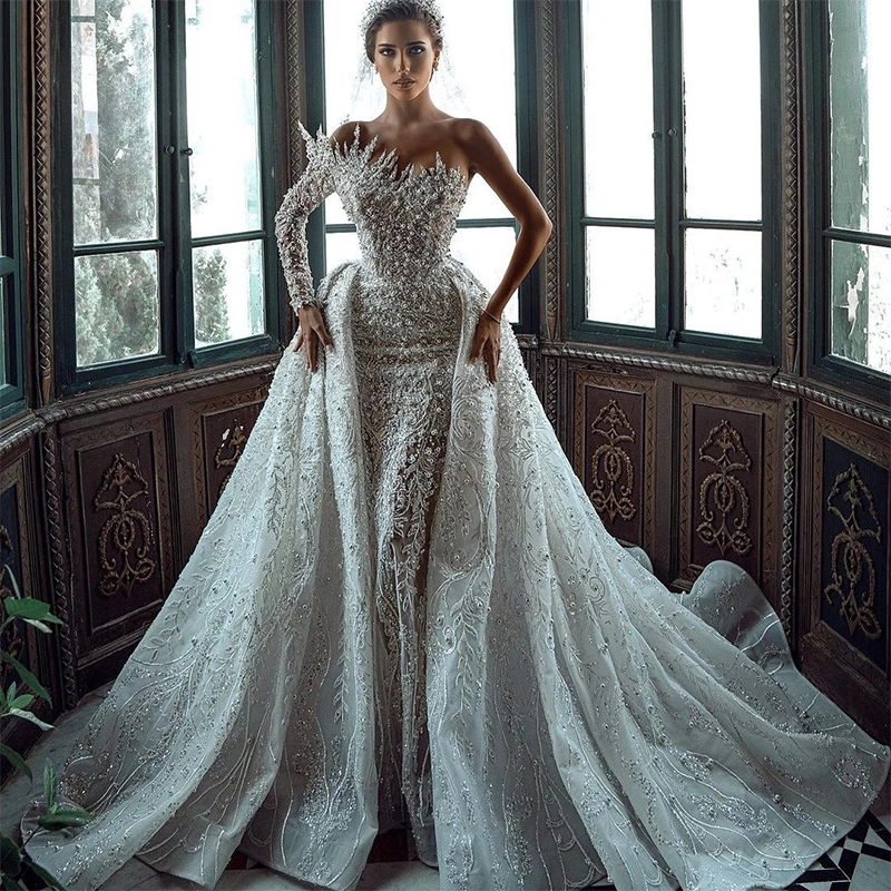 urious Ball Gown Wedding Dresses Strapless One Long Sleeve Bateau Sequins Appliques Detachable Train or Length Bridal Gowns Plus Size robes de soiree