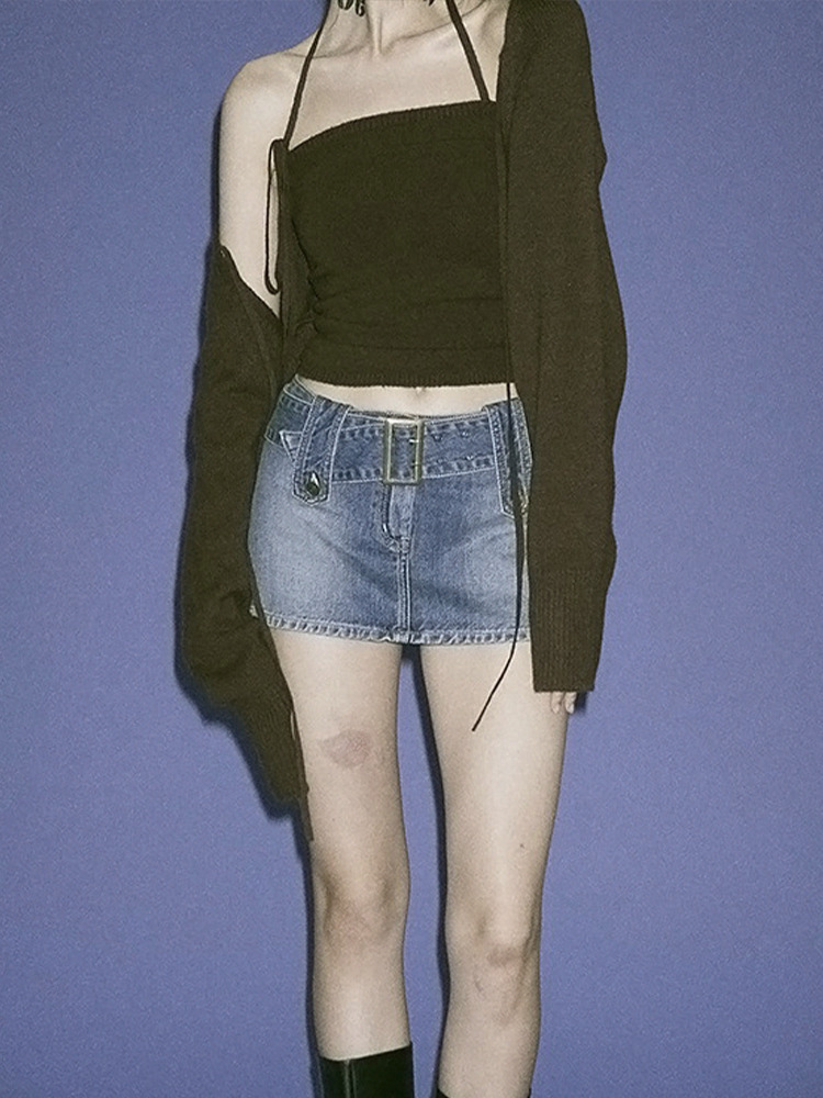 Rockmore WomenS Jeans Skirt Belt Mini Denim Skirt Korean Low Waist Straight Short Skirt Summer Harajuku Sexy Vintage 220711