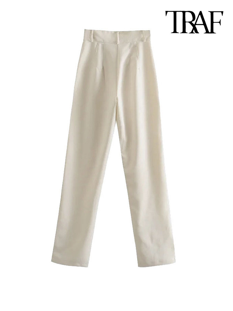 TRAF Women Chic Fashion Office Wear Straight Pants Vintage High Waist Zipper Fly Female Trousers Mujer 220325