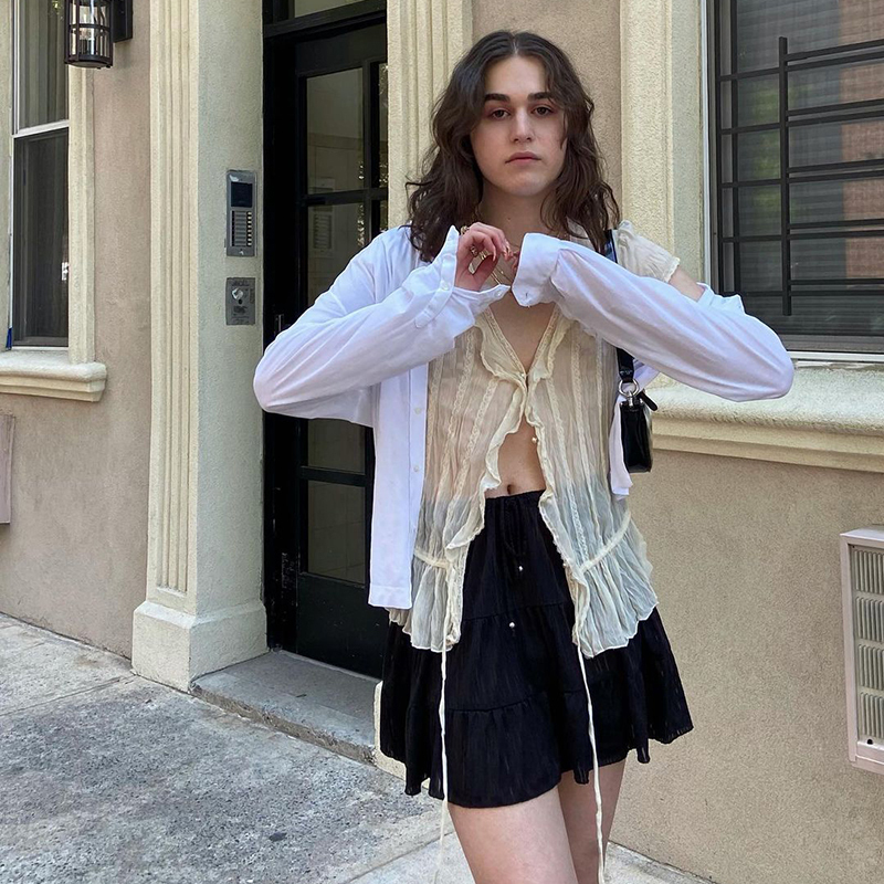 HEYounGIRL Mesh Transparent Short Sleeve T-shirt Ladies Summer See Through V Neck Ruffles Tee Shirt Women Drawstring T 220321