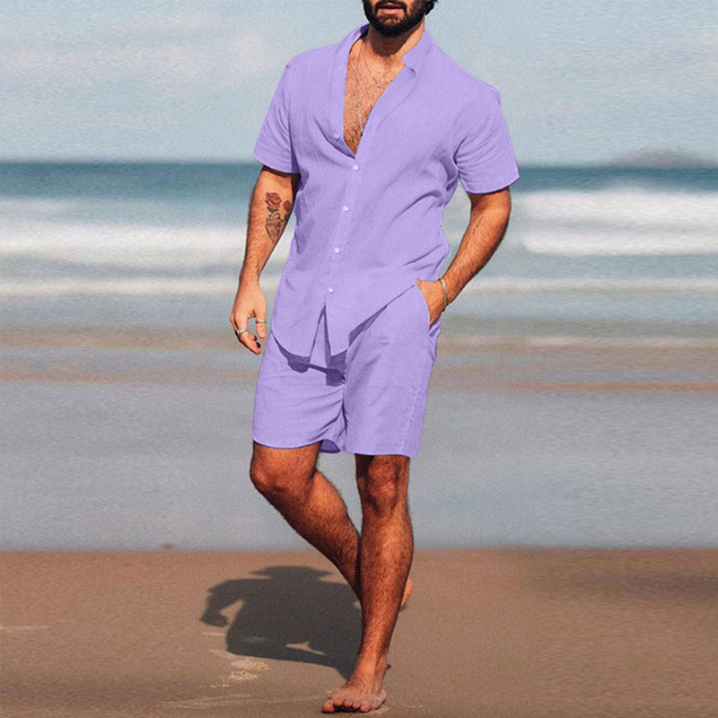 Men Hawaiian Sets Beach Summer Short Sleeve Stand Collar Shirt Board Shorts 2 Pieces Streetwear Cotton Linen Men Set Casual