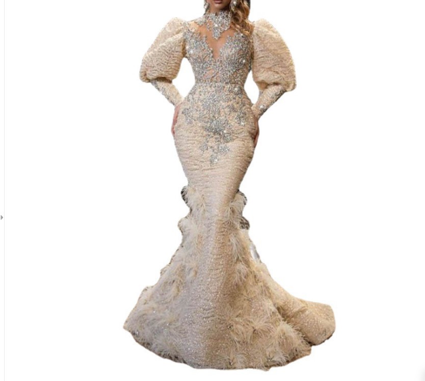 2022 Mermaid Evening Gowns Women Party Dress Full Lace Beading Feather Prom Dresses Long Sleeves High Neck Robe De