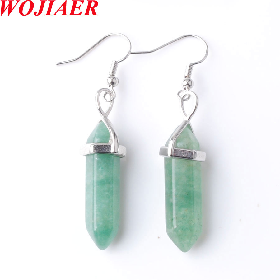 WOJIAER New Women Fashion Long Natural Stone Earrings Ring Necklace Set Rose Quartz Hexagon Point BO959