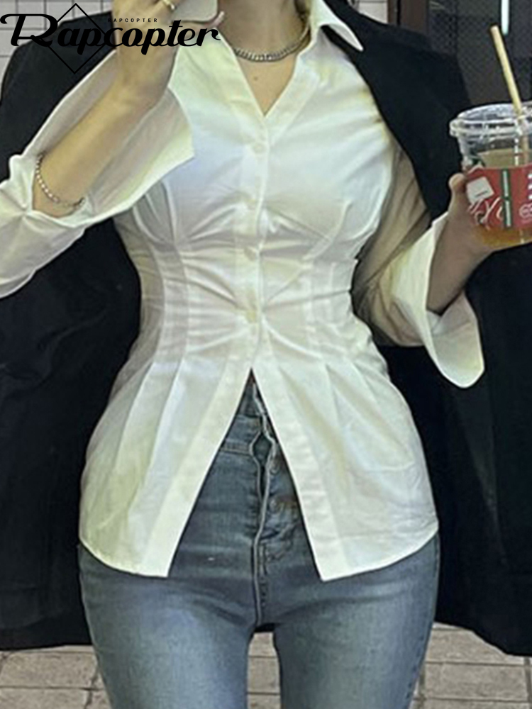 Rapcopter Y2K Button Crop Top Ruched Full Sleeve T Shirt Turn Down Collar Retro Elegant Cardigan Corset Tee Korean 220714