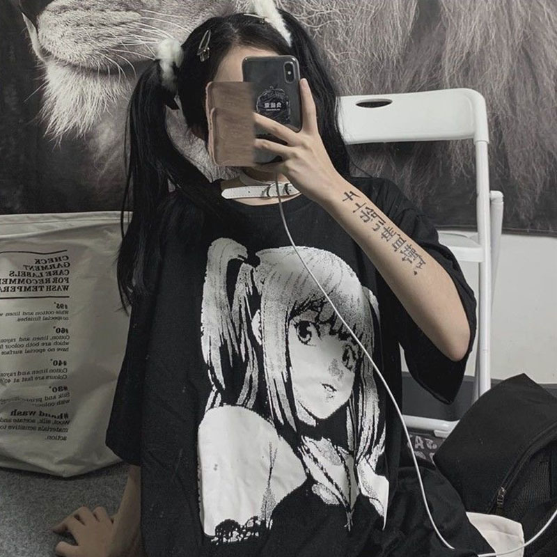 Anime Graphic T Shirts Women Summer Japanese Style Alt Clothes Aesthetic E Girl Top Mujer MINGLIUSILI Black Goth Tee Shirt 220321