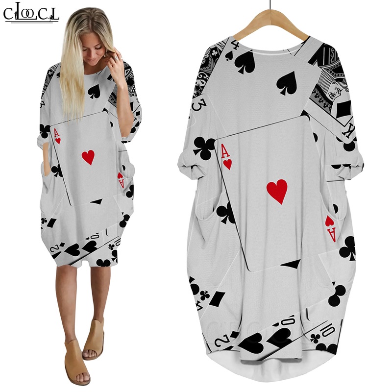 Women Dress Playing Cards of Spades 3D Graphics Loose Daughter Dresses Long Sleeve Fashion Summer Gown Pocket Dress W220616
