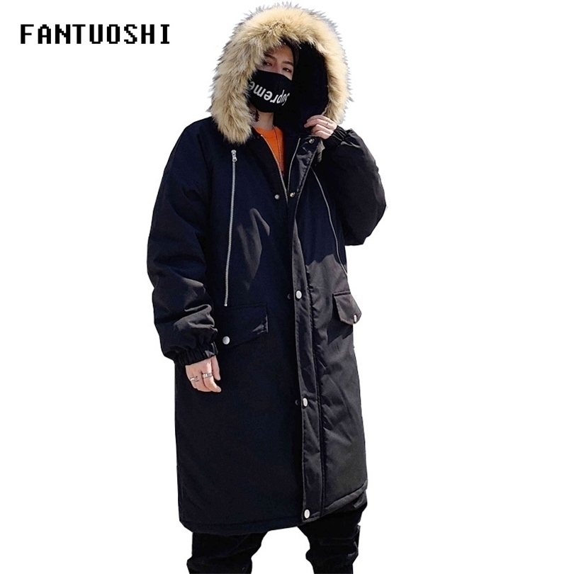 Winter Men's Long Coat fashion Thick warm slim Casual hooded jackets Long sleeve printed high quality cotton jacket black T200102