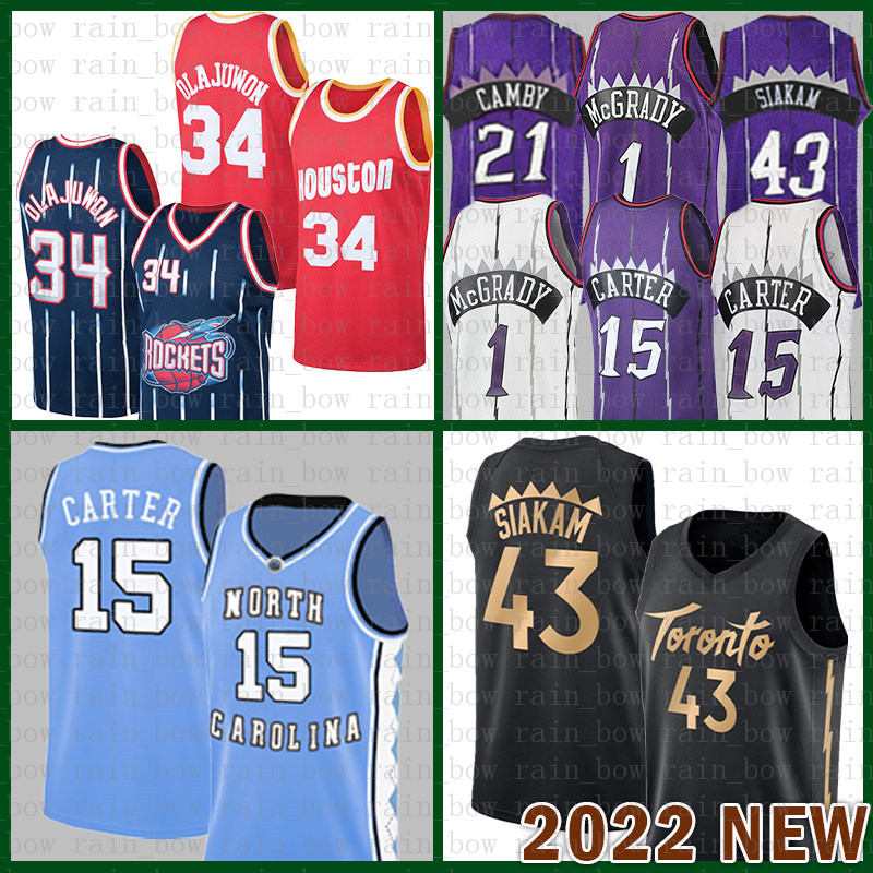 2022 New Basketball Jersey Torontos Raptores Houstons Rocket Vince 15 Carter Hakeem 34 Olajuwon Pascal 43 Siakam Tracy 1 McGrady S-XXL Black