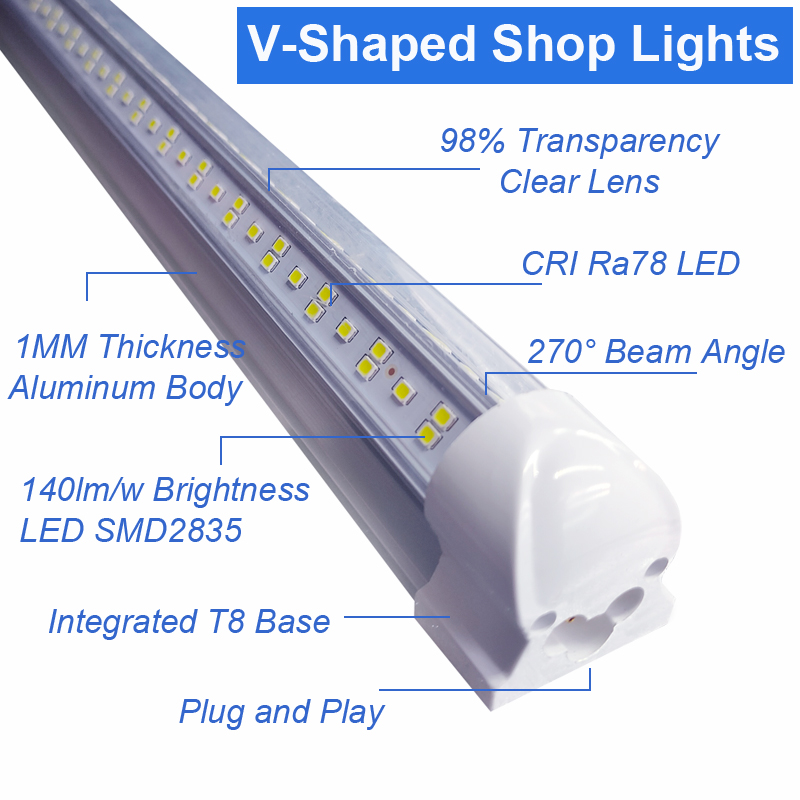 4Ft 5Ft 6Ft 8Ft LED Tube Light V Shape Integrated Tubes 4 5 6 8 Ft Cooler Door Freezer LED Lighting Garage Warehouse Workshop Basement