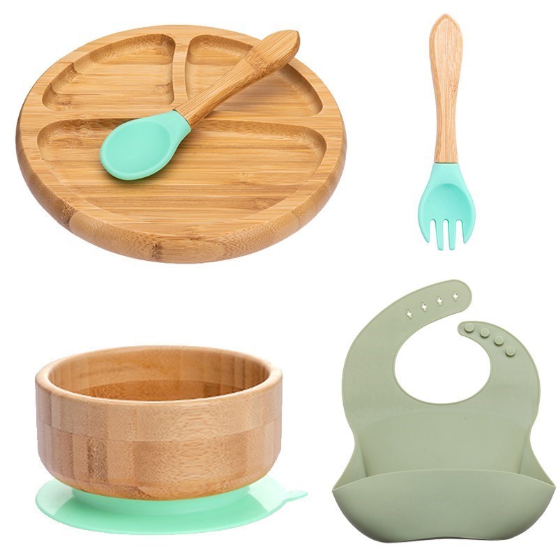 5Pcs/Set Baby Feeding Bowl Dinner Plate Bib Fork Spoon Kids Feeding Cartoon Tableware Bamboo Wood Non-slip Children's Tableware 220512