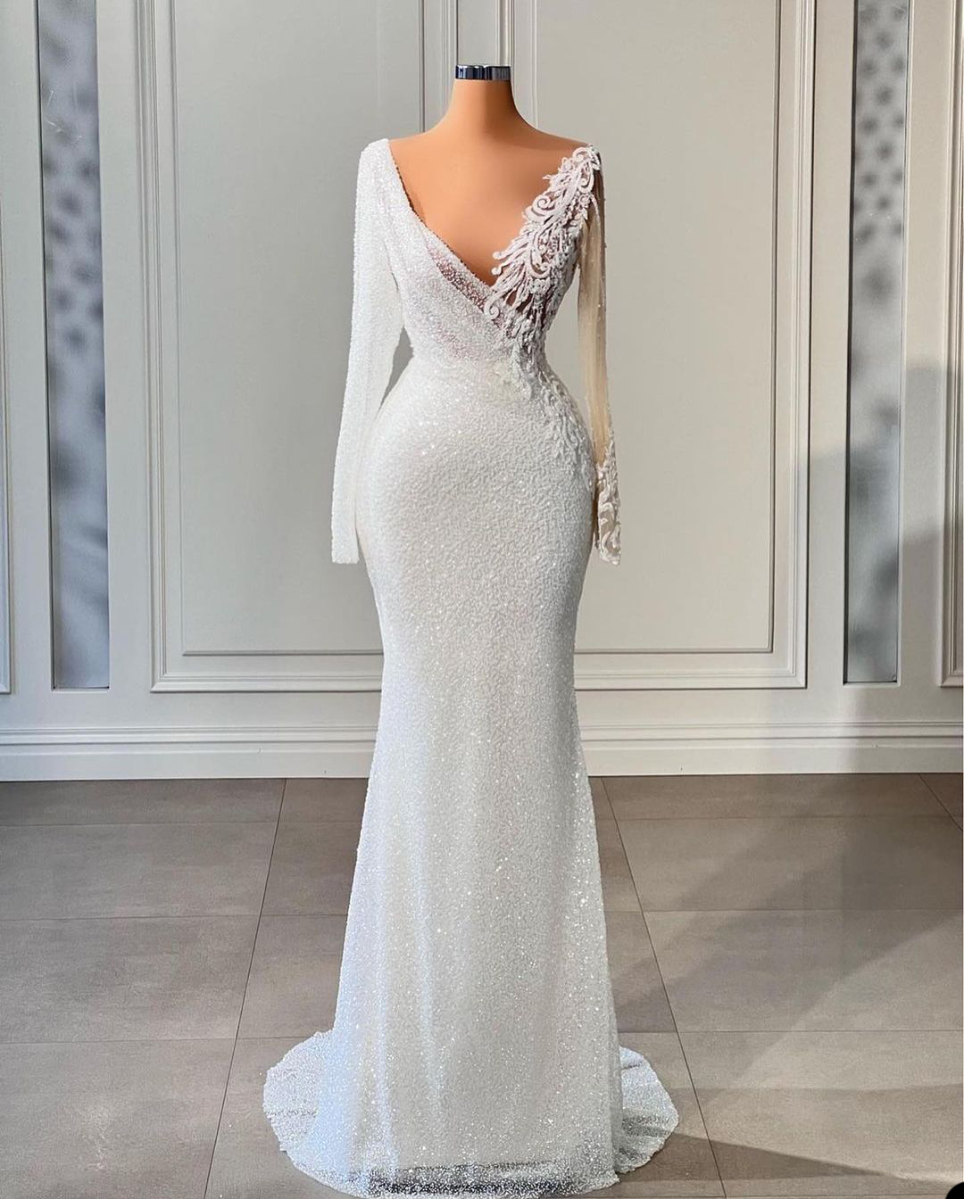 Sexy Lace Mermaid Evening Dresses Deepl V Neck Full Sleeve Party Gowns Custom Made Sequined Applique Floor Lengthl Prom Dress