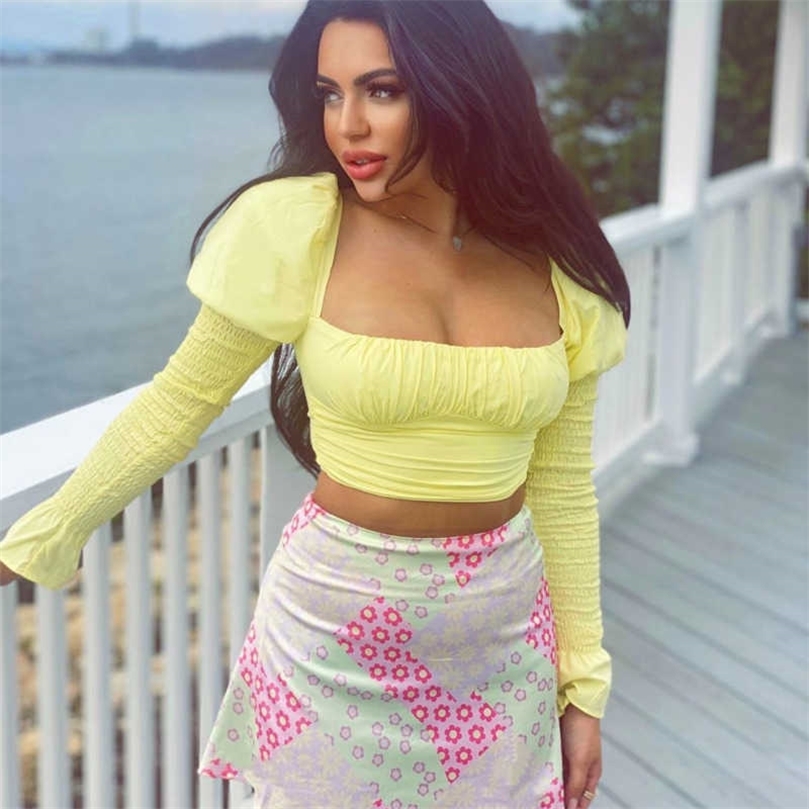 DEAT Women Long Flare Sleeve Pleated Open Navel Short Shirt Solid Color Square Collar Slim Fashion Spring Summer 11B485 210709, Mint green 
DEAT Women Long Flare Sleeve Pleated Open Navel Short Shirt Solid Color Square Collar Slim Fashion Spring Summer 11B485 210709, Mint green