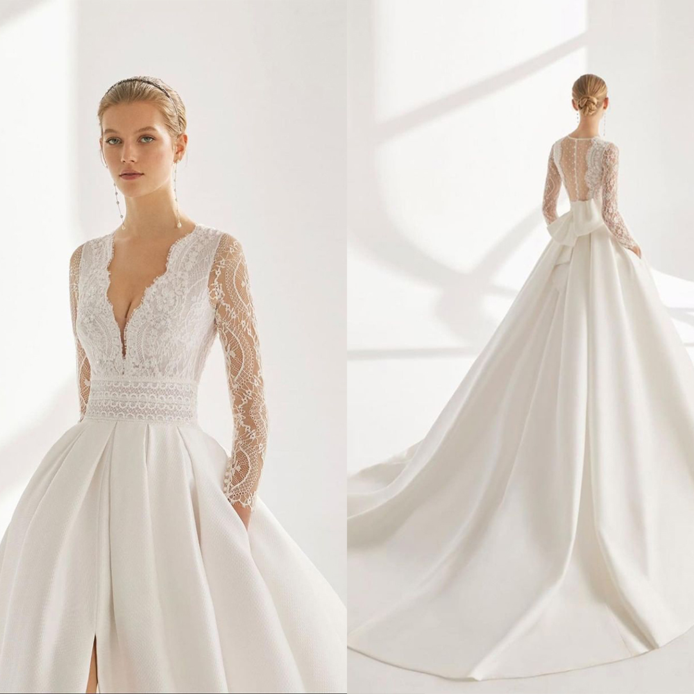 Sexy A-line Wedding Dresses Deep V Neck Long Lace Sleeve Chiffon Lace Satin High Waist Appliques Bow Tie Sequins Floor Length Boho Bridal Dress Bohemi
