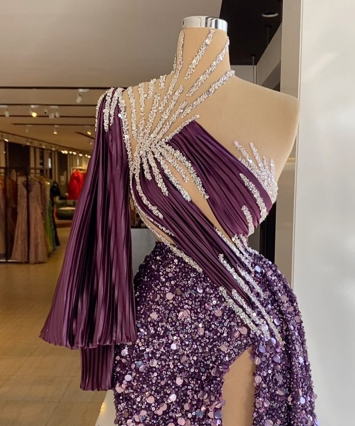 Sparkling Purple Evening Dresses One Shoulder Front Split Custom Made Crystals Beads Mermaid Real Image Women Prom Gowns