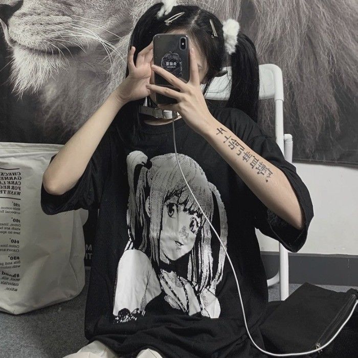 Anime Graphic T Shirts Women Summer Japanese Style Alt Clothes Aesthetic E Girl Top Mujer MINGLIUSILI Black Goth Tee Shirt 220321