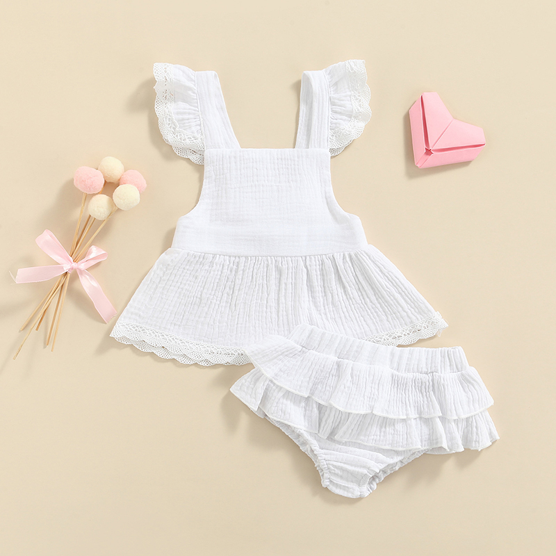 Sumemr born Baby Girl Clothes Set 2pcs Solid Lace Ruffles Sleeve Backless Tops DressLayered Tutu Shorts Cotton Linen Outfits 220607
