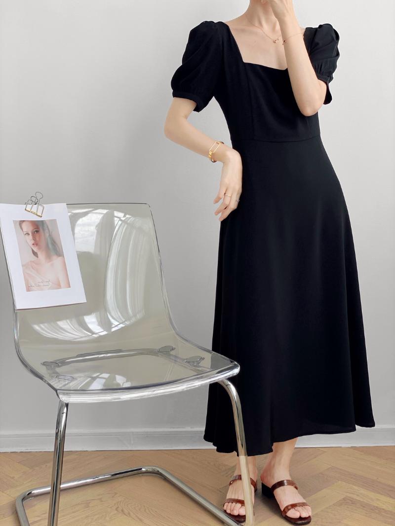 Party Dresses Square Collar Puff Sleeve Slim Maxi Dress Black White Summer 2022 Korean Style Short Women Long, Hepburn black