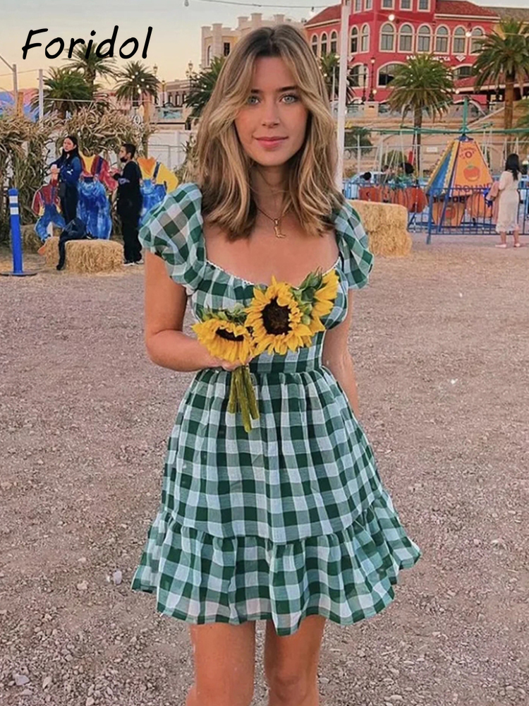 Foridol Lace Up Backless Gingham Chiffon Summer Dress Vintage A-line Puff Sleeve Plaid Short Dress Chic Blue Holiday Dress 220511