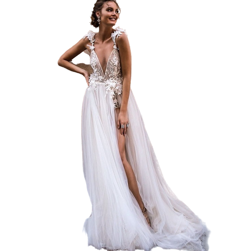 Sexy Beach Boho Wedding Dress Deep V Neck Backless A Line Bridal Gowns Lace Appliques Tulle Wedding Dresses Side High Split Robe De Mariee