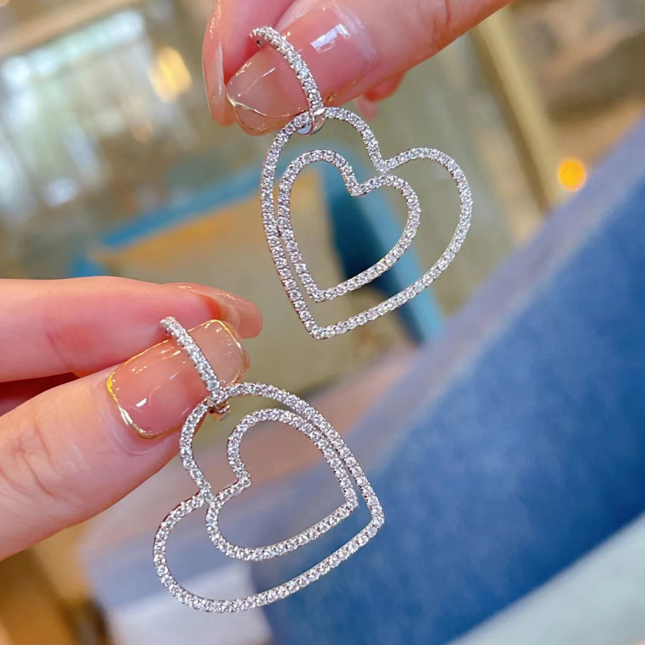 choucong Brand Dangle Earring Sweet Cute Simple Fashion Jewelry 925 Sterling Silver Pave 5A Cubic Zircon CZ Diamond Double Heart Women Drop Earrings G