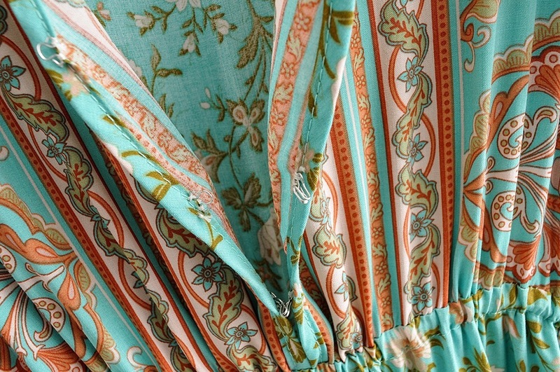 BOHO Covered Button V neck Floral print Bohemia Dress Summer Ethnic Woman Short Sleeve Tie Bow Strappy Maxi Long Dresses 220511