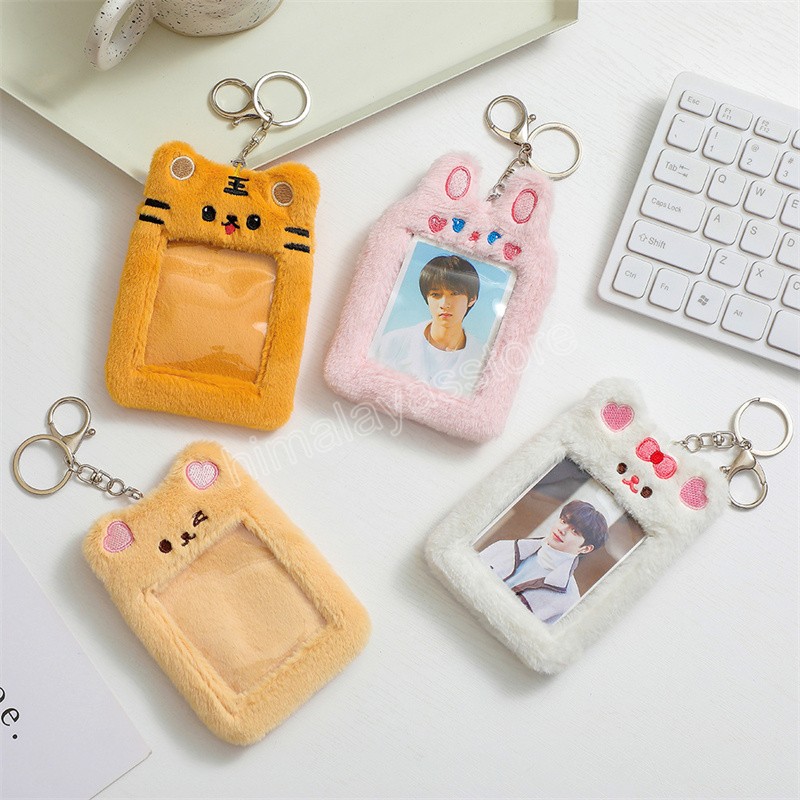 

Kawaii Plush Photocard Holder Rabbit Bear Cat Kpop Idol Photo Card Holder Girl Cute Keychain ID Credit Bank Protector Stationery