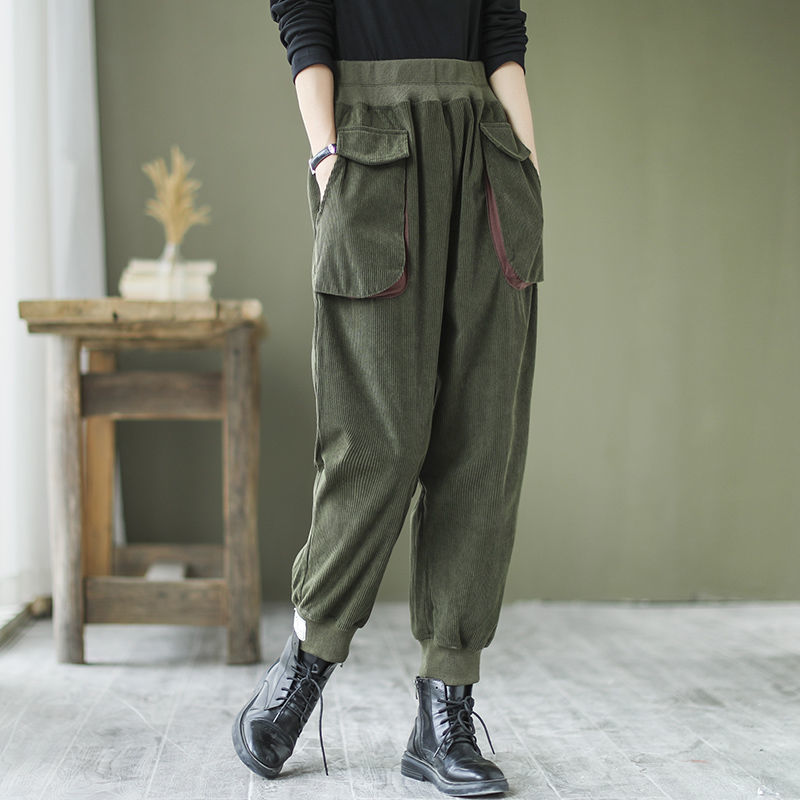 Spring/autumn Women Pocket Patchwork Ankle-length Pants Casual Loose Cotton Corduroy Elastic Waist Harem Pants W711