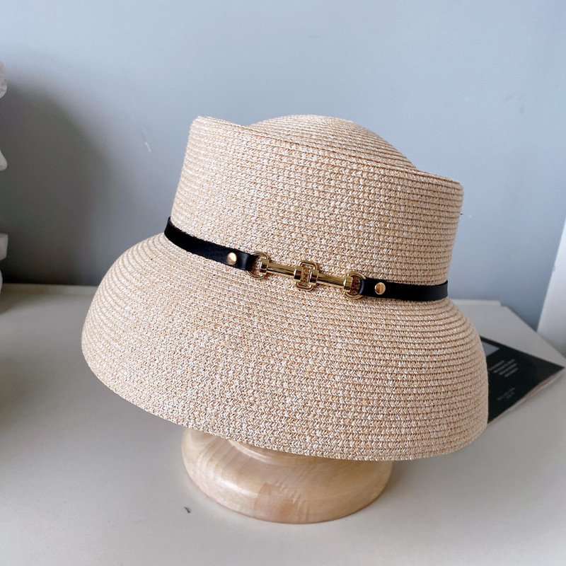 Elegant ummer un Protection Female Wide Brim Belt Metal Buckle Bain Girl Cap Beach traw Hat 220613