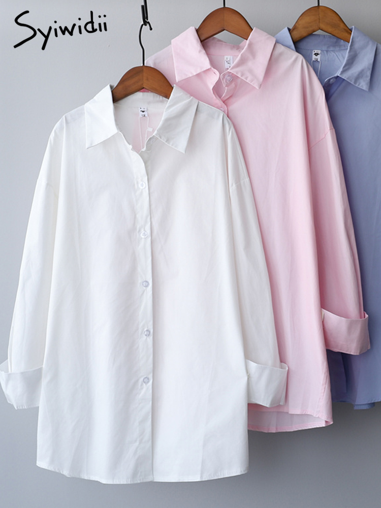 Syiwidii Long Sleeve Blouse Woman Button Up Shirt Loose Office Lady Tops Korean Fashion White Blue Oversize Spring Autumn 220407