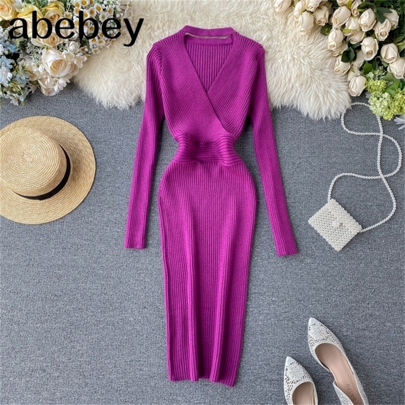 Slim Knitted Halter Neck Dress Sexy Hollow Out Knit Sweater Midi Dress Bodycon Party Long Sleeve Winter Women Pencil Dress 201110