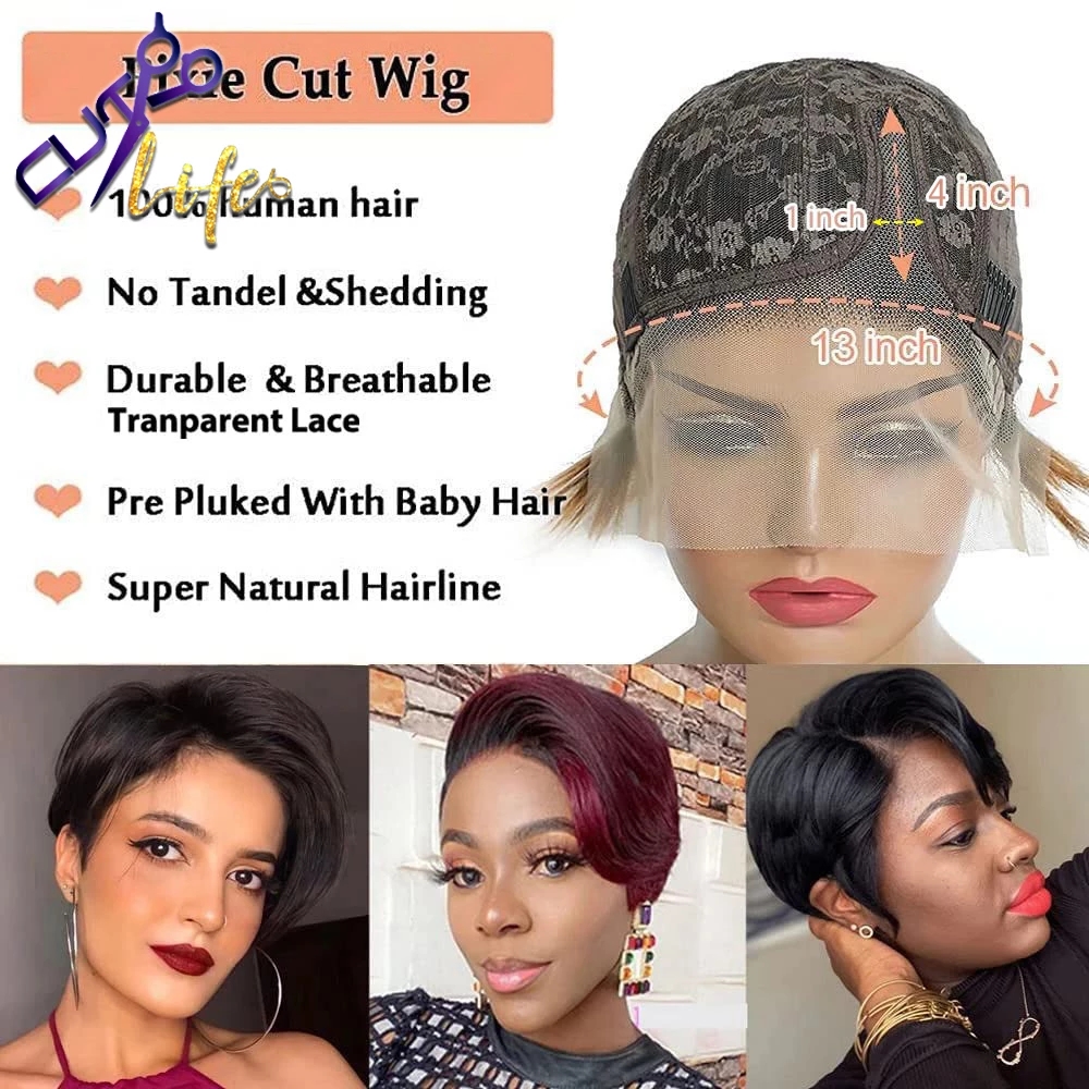 Free shipping Short Pixie Cut Lace Frontal Natutral Black Wavy Bob Wig Human Hair Wigs For Women Remy Pre Plucked Glueless