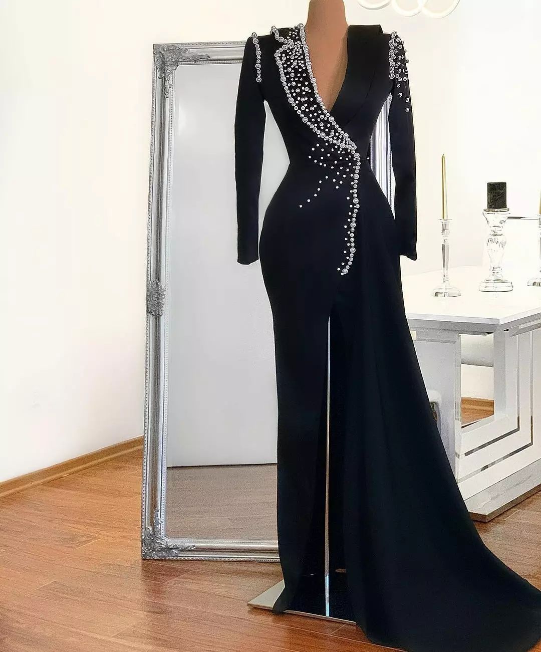 New Pearls V Neck Sexy High Split Evening Dress Floor Length Long Sleeves Custom Made Straight Prom Dresses Plus Size Gowns