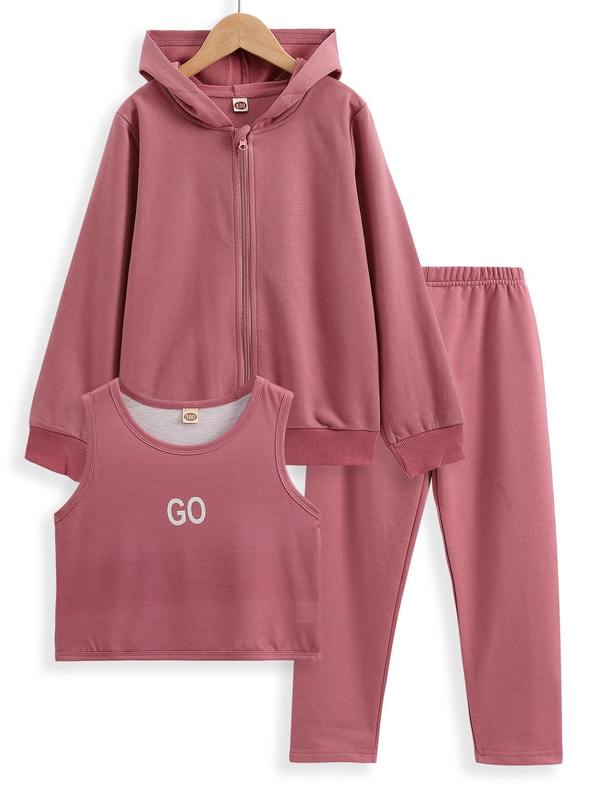 Girls Zip Up Hoodie & Letter Graphic Tank Top & Leggings SHE