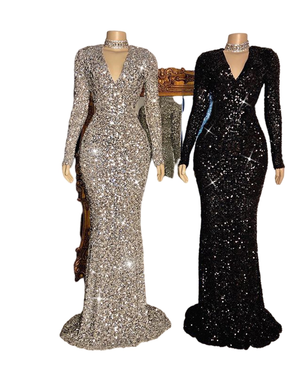 Mermaid Style Long sparkly Prom Dresses 2022 V-neck Long Sleeve African Women Black Girl evening Gowns For Party