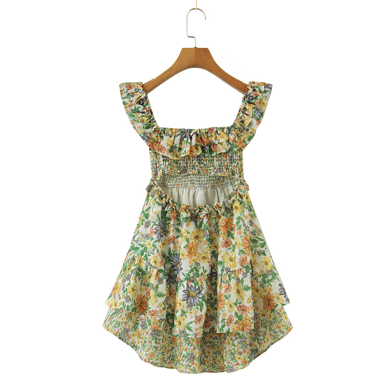 Sexy Floral Print Back Waist Hollow Out Backless Ruffle Strap Mini Dress Sleeveless Short Tank Dresses Holiday Woman Robe 220511
