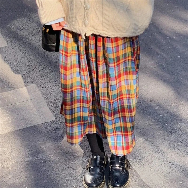 Japanese Rainbow High Waist A-Line Wool Plaid Skirt Female Students Preppy Style Wild Midi Women Autumn Long 220322
