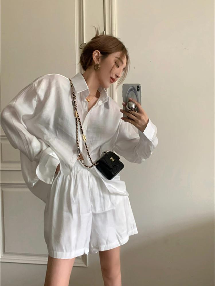 Women's Tracksuits Korean Style Two Piece Set Womens Outfits Loose Slightly Transparent Thin Shirt High Waist Shorts Suits Casual Ensemble F, White two piece set
Women's Tracksuits Korean Style Two Piece Set Womens Outfits Loose Slightly Transparent Thin Shirt High Waist Shorts Suits Casual Ensemble F, White two piece set