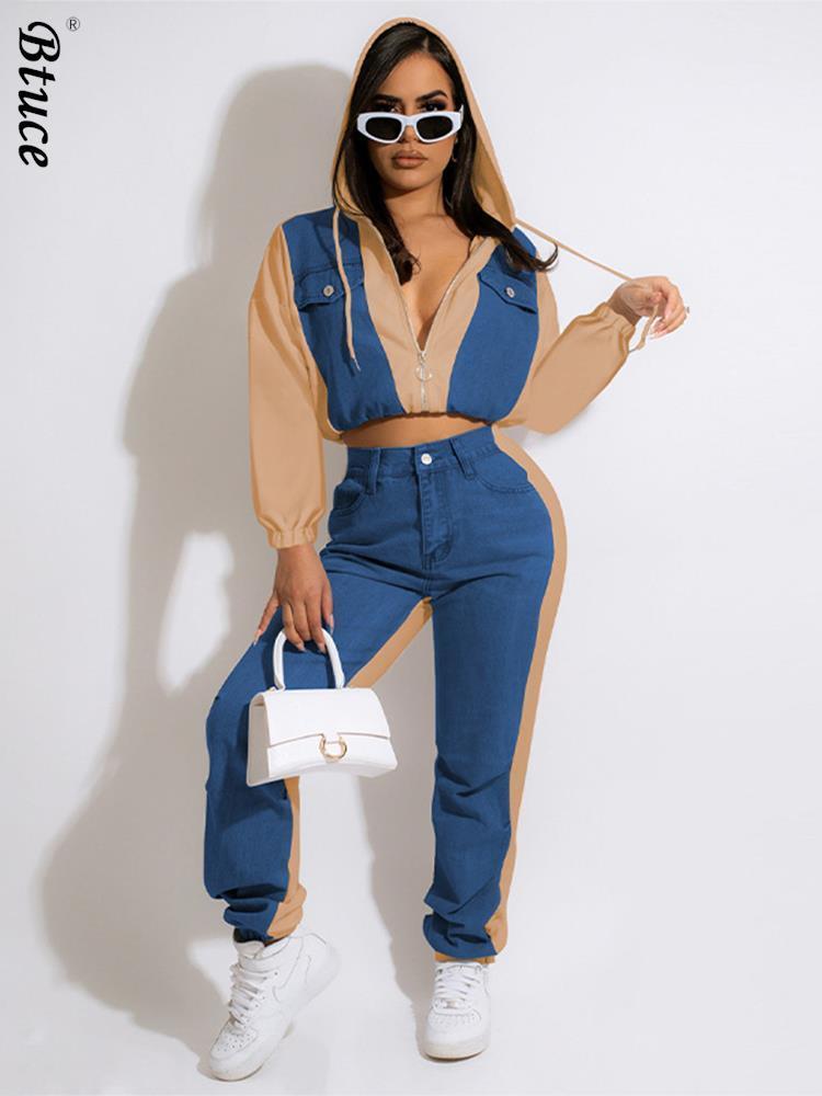 Women Tracksuit Two Piece Sets Long Sleeve Hooded Short Tops Denim Stitching Trousers Suits Autumn Streetwear Lady Ouftits 220817