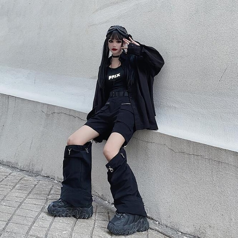 Deeptown Gothic Techwear Emo Black Cargo Pant Punk Oversize Hollow Out Wide Leg Pocket Trousers for Female Goth Hip Hop 220325
