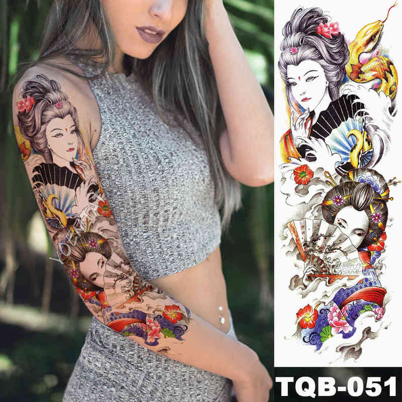 NXY Temporary Tattoo Large Arm Sleeve Japanese Geisha Snake Waterproof Tatto Sticker Lotus Peacock Girl Tatoo Body Art Women 0330