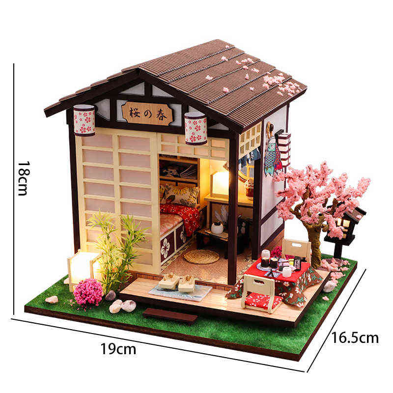 DIY Wooden Casa Japanese Dollhouse Kit Assembled Miniature Furniture Light Doll House with Cherry Blossoms Toys for Adult Gifts AA220325