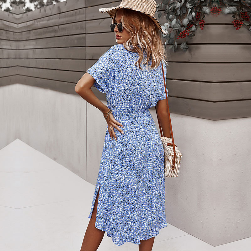 Women Floral Dress Summer Casual Short Sleeve Button Holiday Midi Dresses Female VNeck Beach Boho Chic Dress Elegant Robe D220611