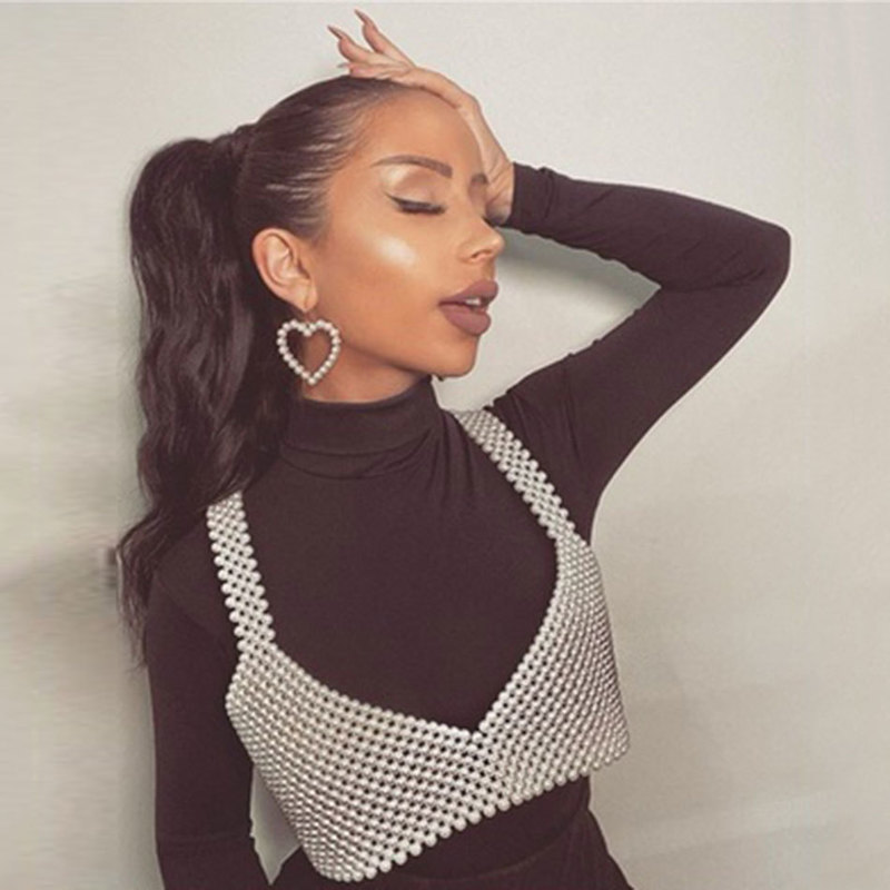 Free High Street Deep V Neck Pearl Vest Women Fashion Crop Top Ladies White Sleeveless Sexy Club Tank Blusas 220325