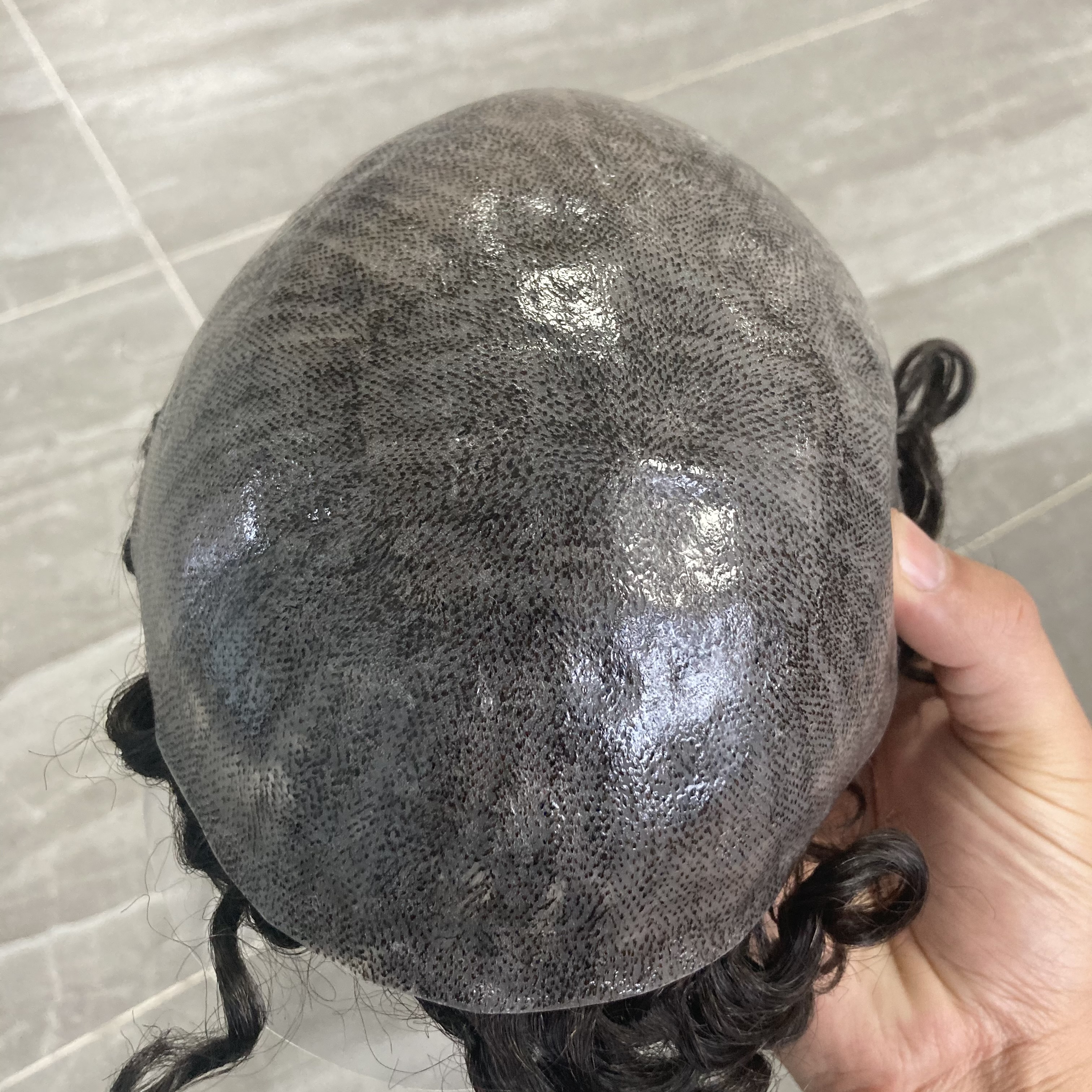 20MM Curly Durable Skin Base Brown Men's Wig Real Human Hair Toupee Replacement System #1B Color 8x10inch