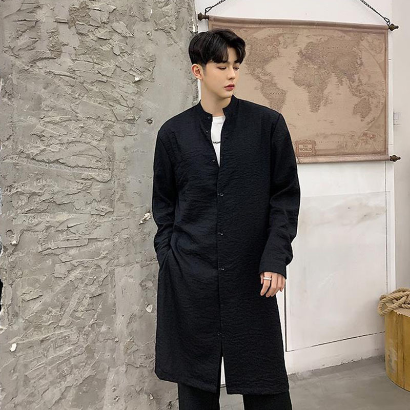 Men Stand Collar Long Sleeve Casual Shirt Male Streetwear Style Cardigan Black White Shirts 220322