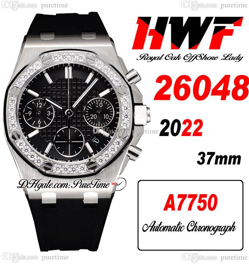 HWF 37mm 26048 ETA A7750 Automatic Chronograph Ladies Watch SS Diamonds Bezel Black Textured Dial Rubber Strap Lady Womens Watches Super Edition Puretime B2, Custom waterproofing service
HWF 37mm 26048 ETA A7750 Automatic Chronograph Ladies Watch SS Diamonds Bezel Black Textured Dial Rubber Strap Lady Womens Watches Super Edition Puretime B2, Custom waterproofing service