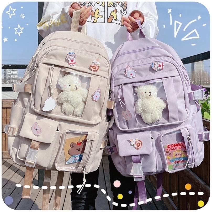 School Bags Largecapacity Cute Women MultiPocket Nylon Backpack Ins Junior Hig L220823