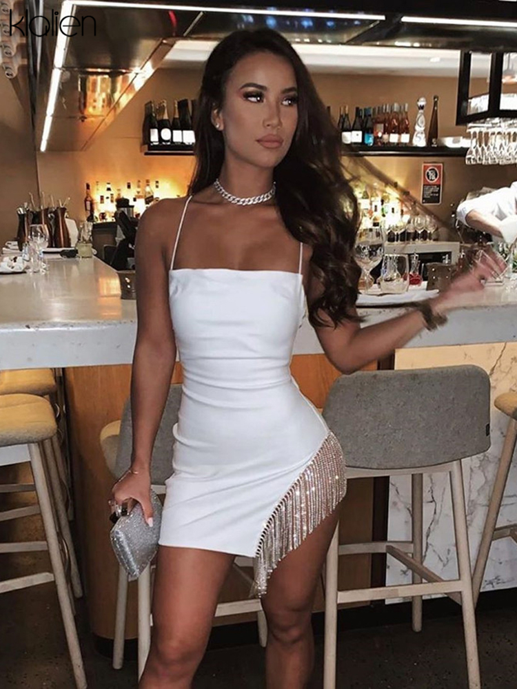 KLALIEN Tassel Sexy Solid Strapless Sleeveless Patchwork Bodycon Dress Summer Fashion Elegant Senior Club Party Mini Dress 220406