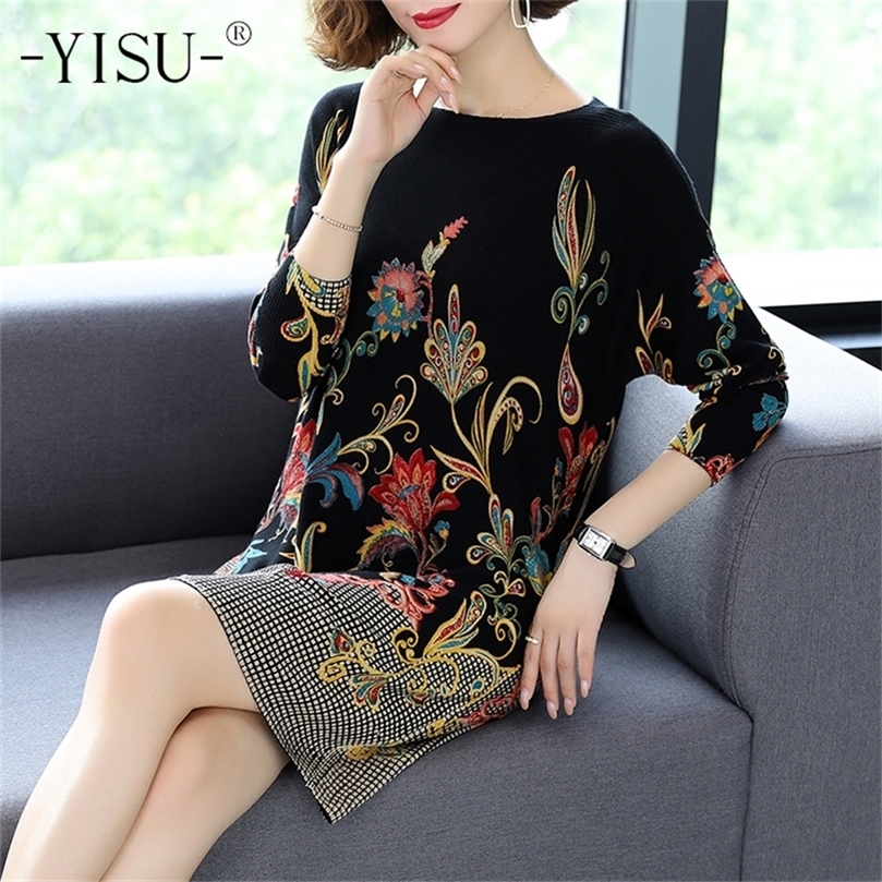 YISU Fashion Floral Print Sweater Dress women Long Sleeve Loose Casual long Jumper Women Autumn Winter Sweater Dress women 201222