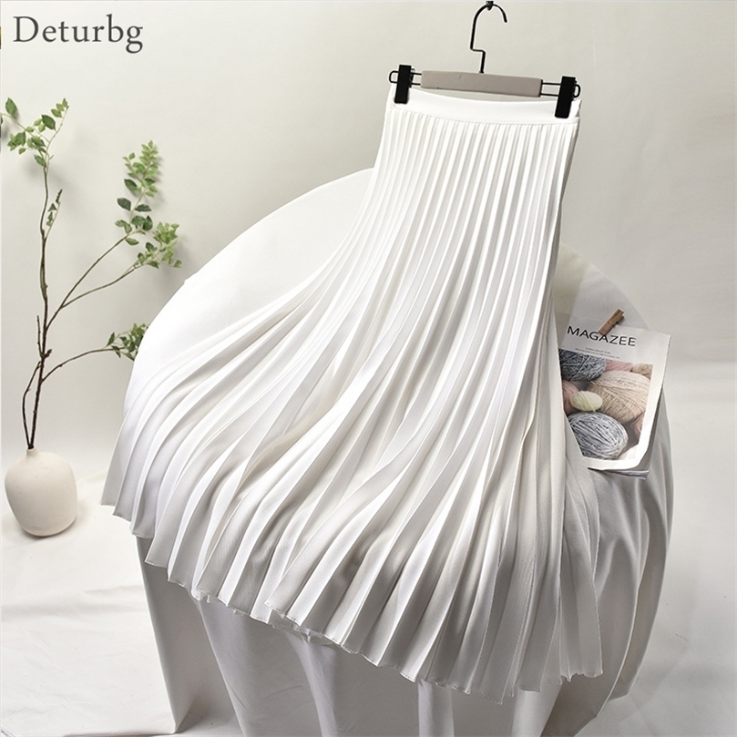 Women's Elegant Sector Pleated Twill Skirt With Chiffon Liner Female High Waist Side Zipper White Long Skirts Spring SK521 220317